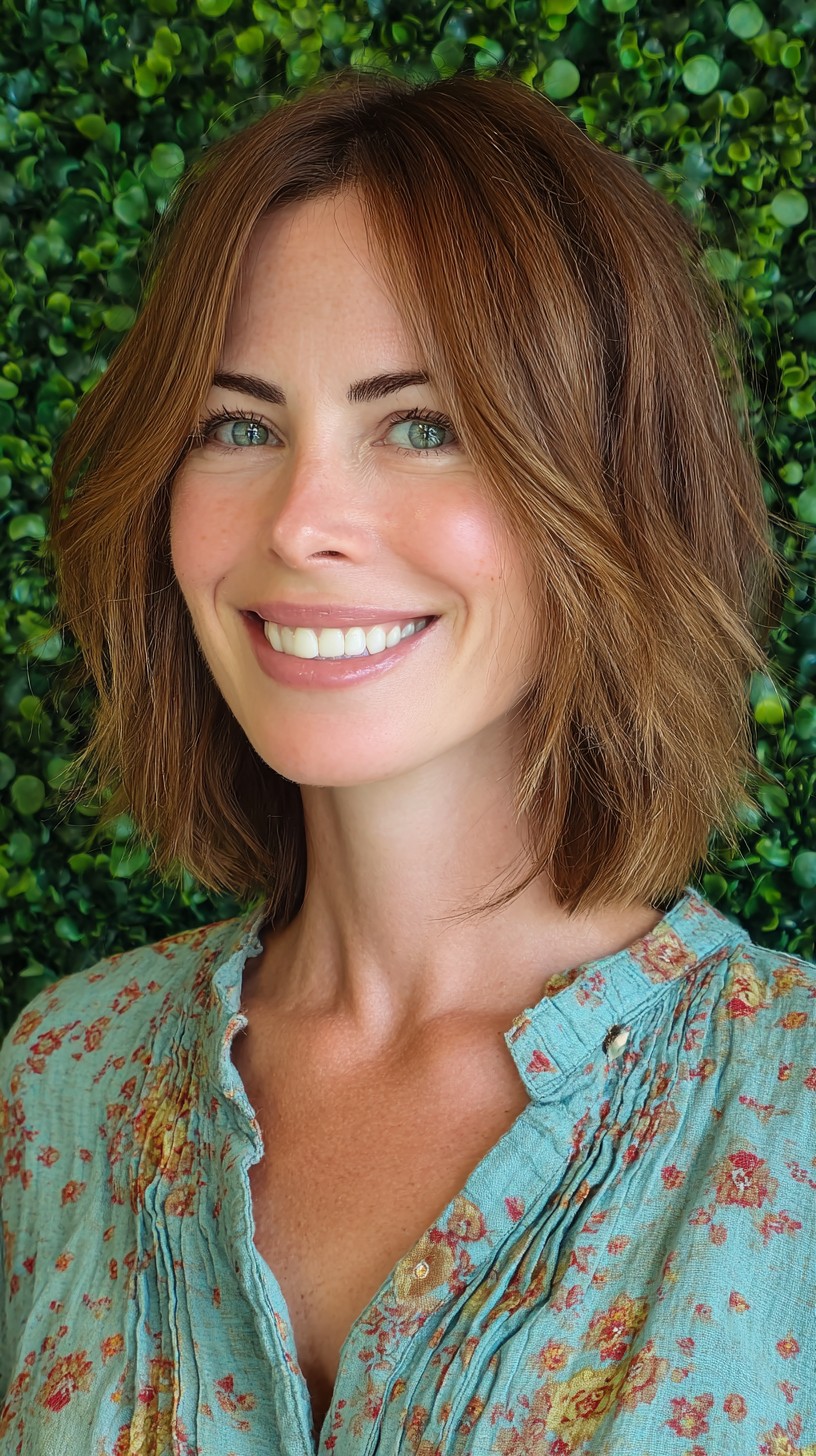 Textured Shoulder-Grazing Lob with Curtain Bangs and Blunt Perimeter