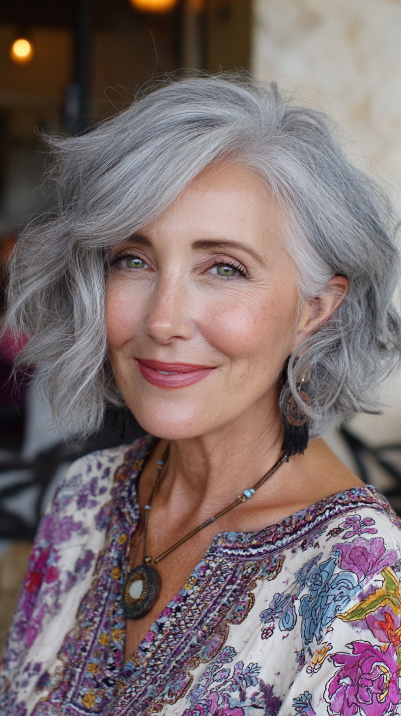 Textured Silver Wavy Chin-Length Bob with Diagonal Side-Sweep