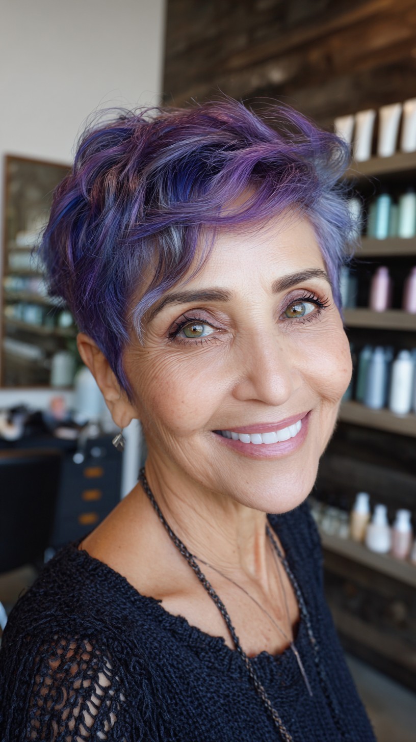 Textured Violet-Blue Tapered Pixie with Silver Root Peek-Through