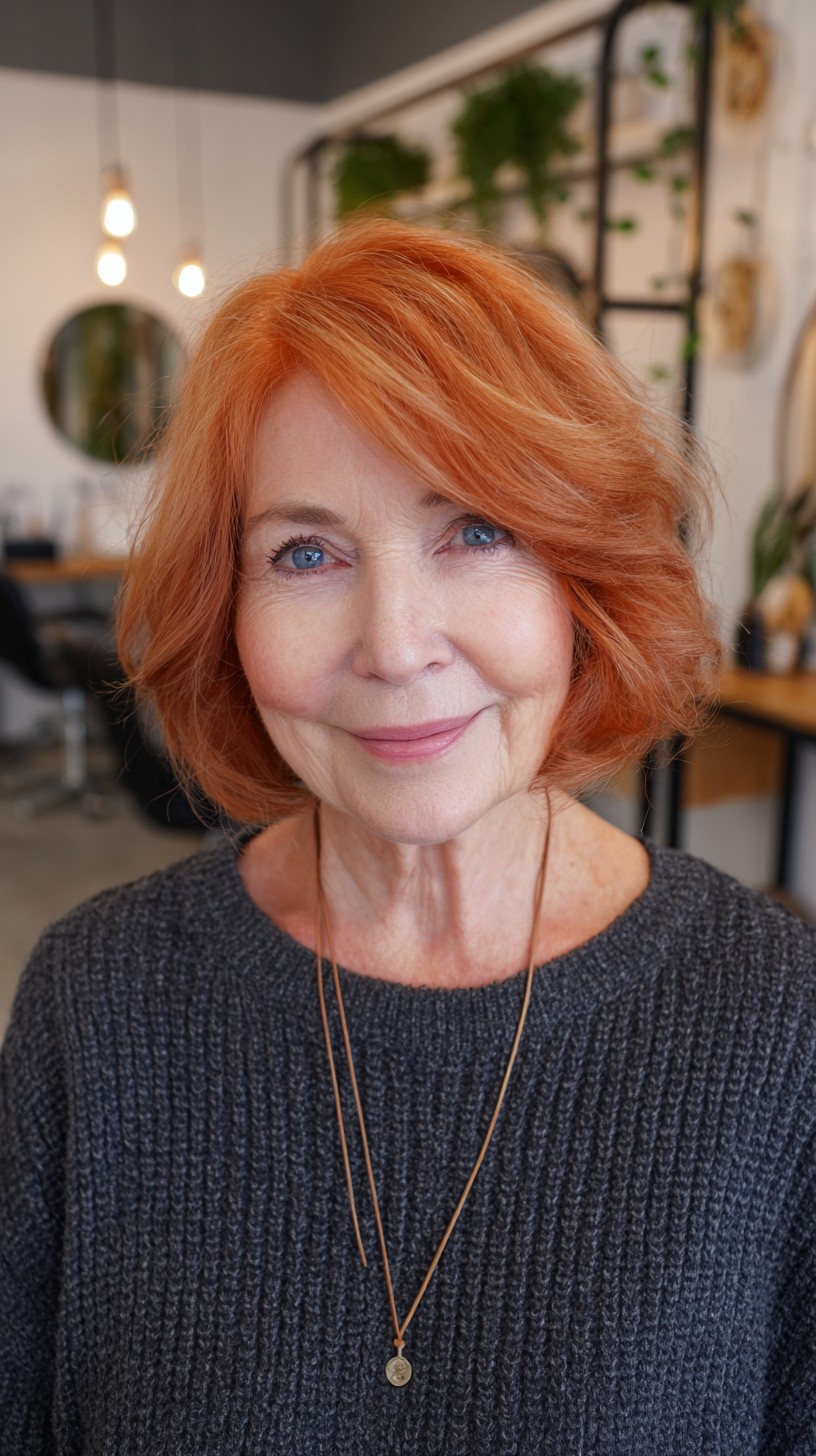 Voluminous Copper Layered Chin-Length Bob with Side-Swept Part