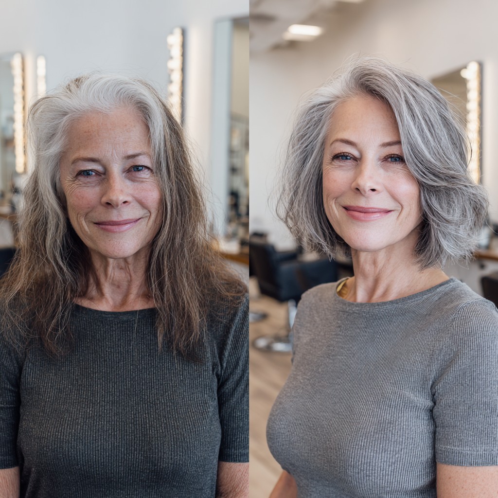 Voluminous Layered Silver Bob with Face-Framing Lift