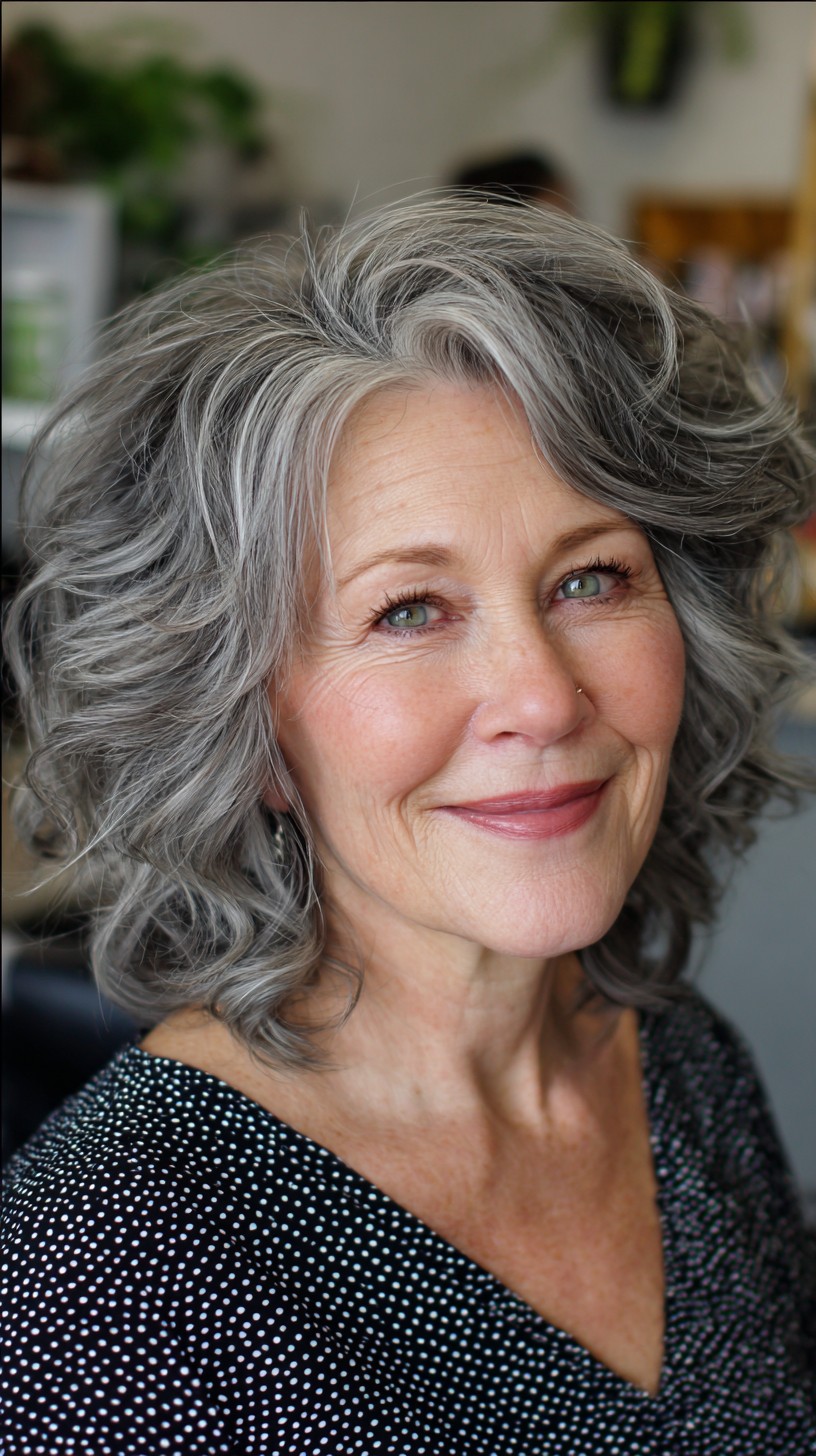 Voluminous Shoulder-Length Silver Waves with Face-Framing Layers