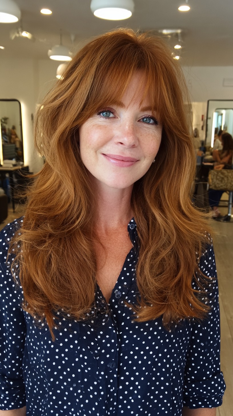 Warm Auburn Long Layers with Blended Fringe and Feathered Ends