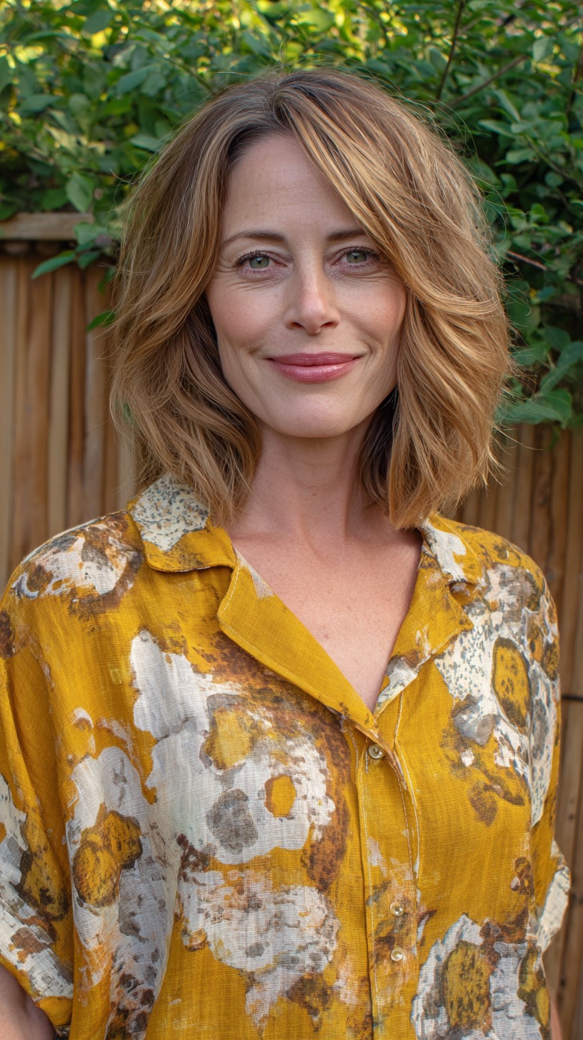 Warm Bronde Layered Shoulder-Grazing Bob with Side-Swept Curtain