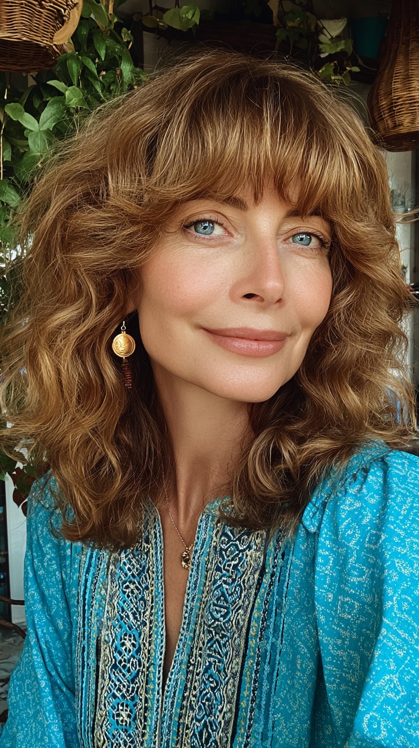 Warm Bronde Shoulder-Length Waves with Feathered Fringe