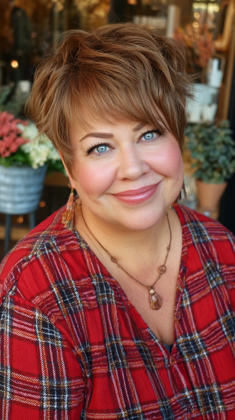 Warm Copper Textured Pixie with Feathered Micro-Bang