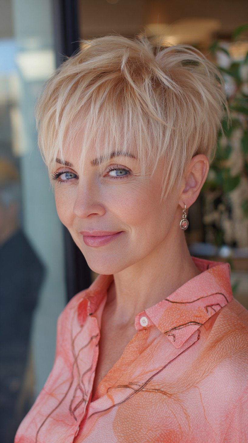 Airy Platinum Pixie with Feathered Fringe and Tapered Temples