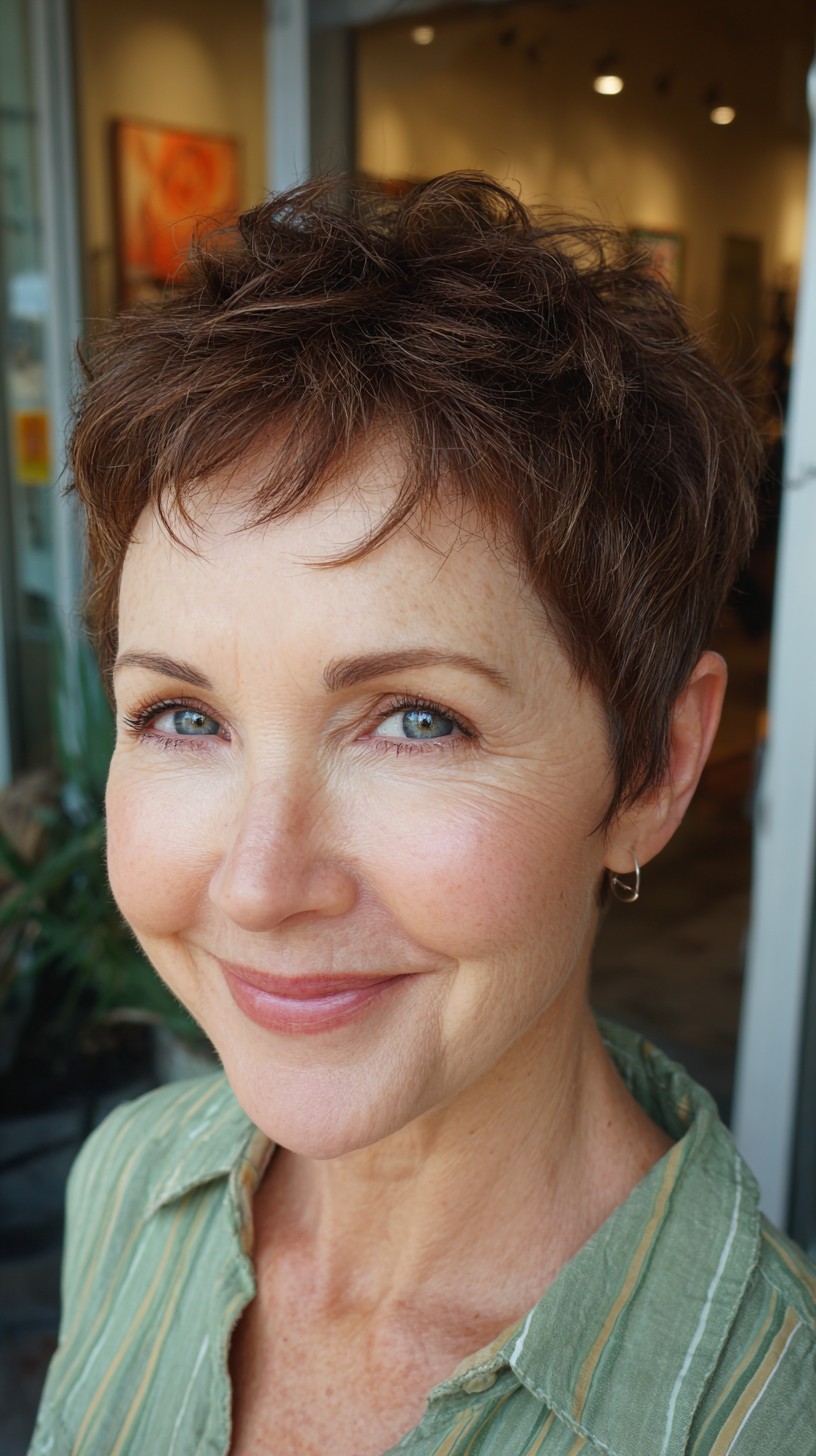 Chic Short Chestnut Pixie with Textured Micro-Fringe
