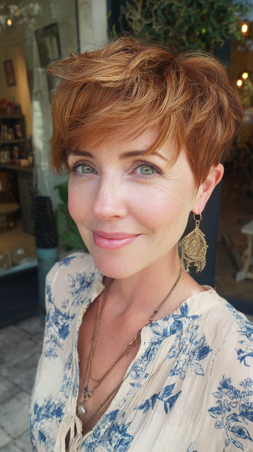 Copper Textured Pixie with Feathered Top and Soft Side Fringe