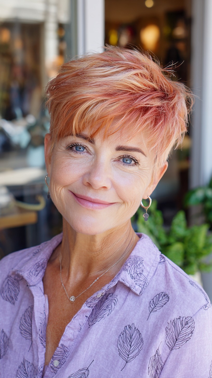 Peach-Blonde Textured Pixie with Tapered Sides and Feathered Micro-Fringe