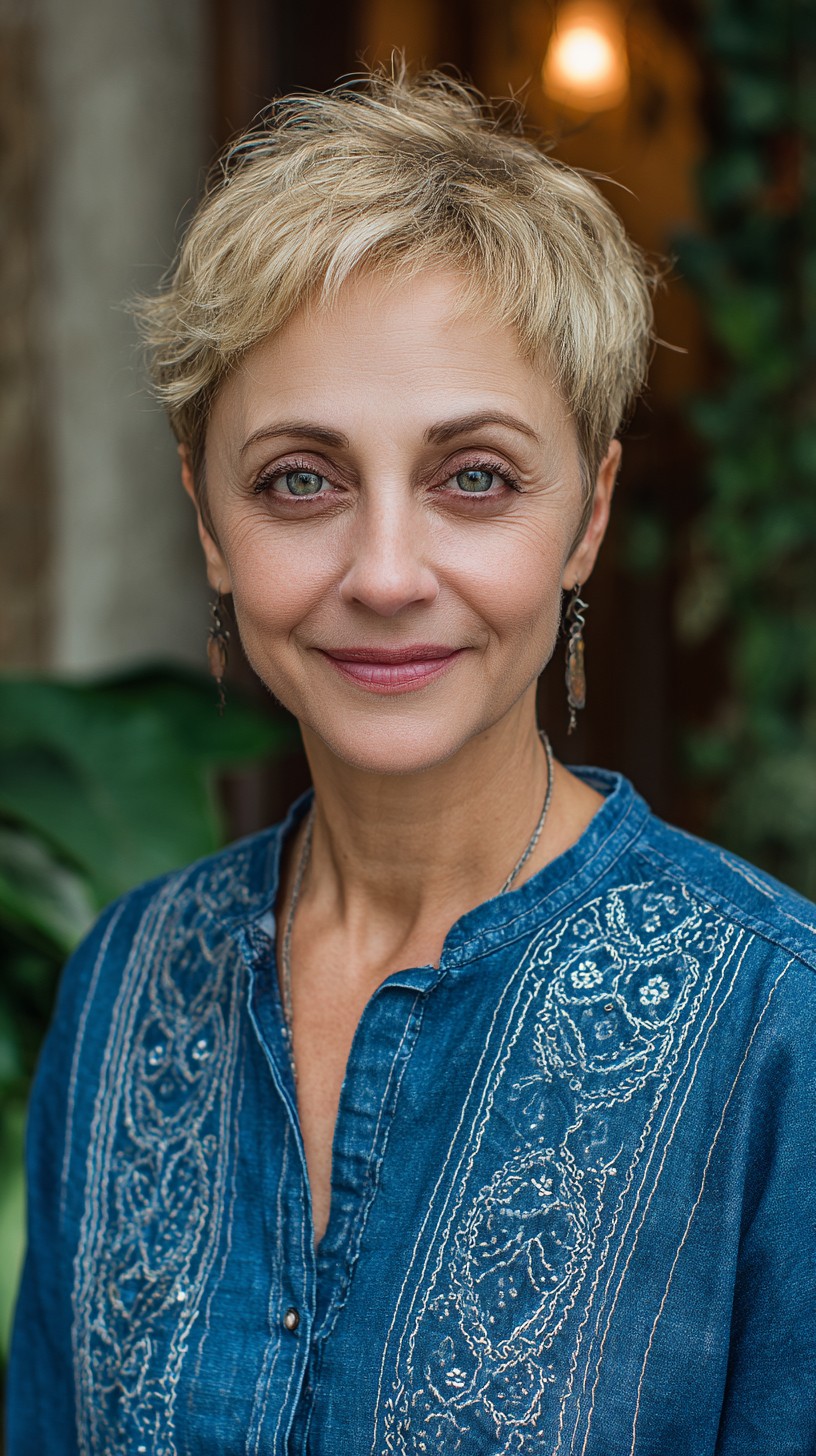 Short Ash-Blonde Pixie with Feathered Crown and Micro Fringe