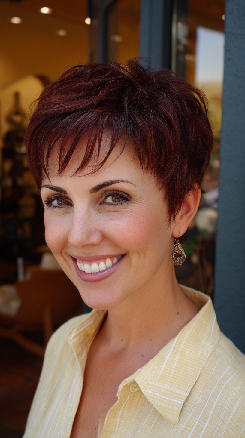 Short Choppy Mahogany Pixie with Wispy Micro-Bangs