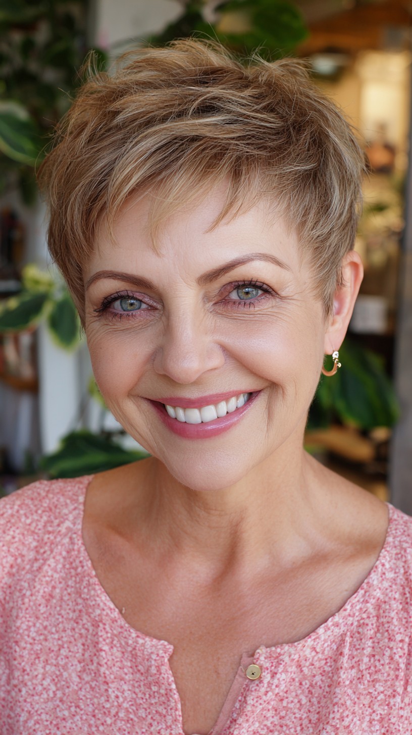 Short Feathered Blonde Pixie with Wispy Crown Texture
