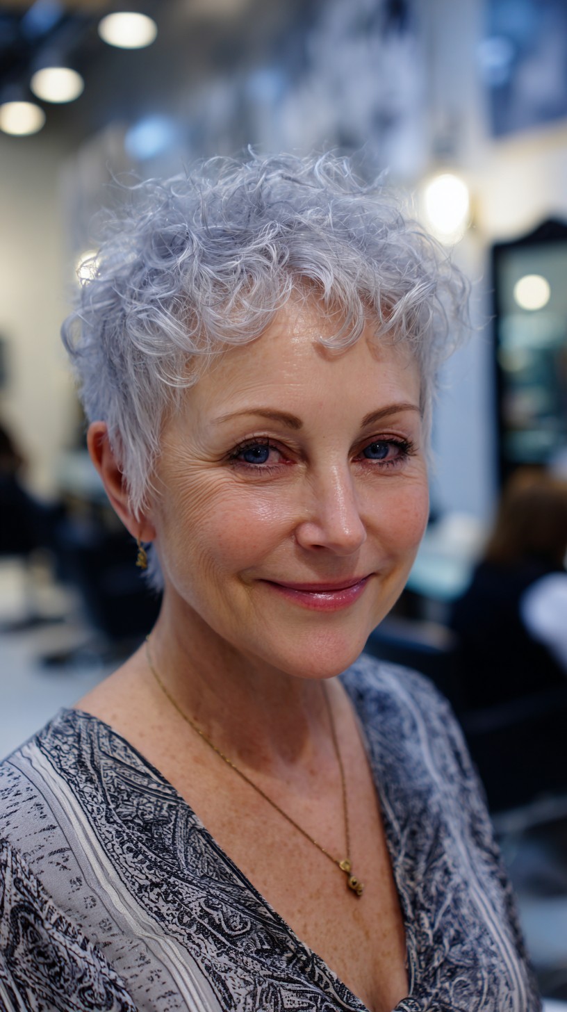 Short Silver Curly Pixie with Tapered Nape