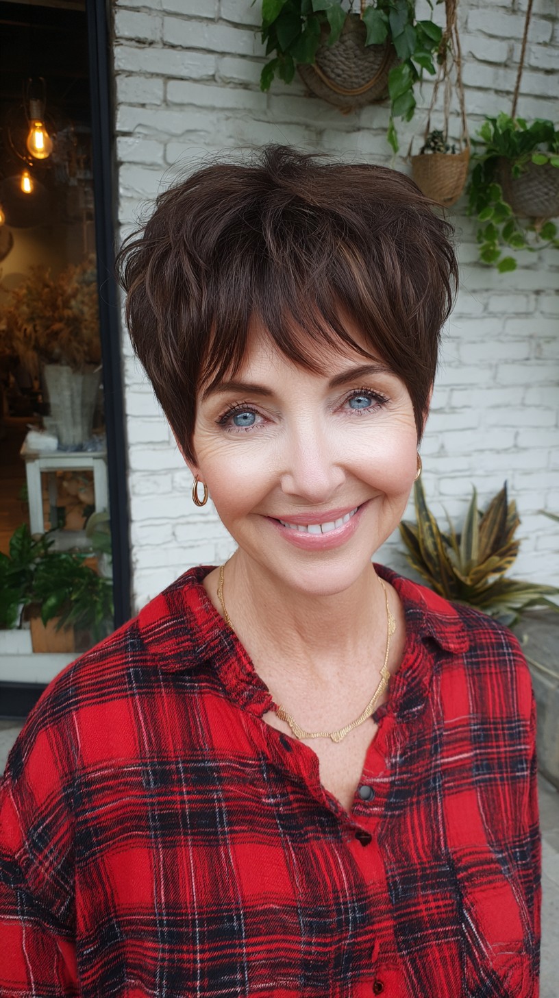 Short Soft Chocolate Pixie with Subtle Curtain Fringe
