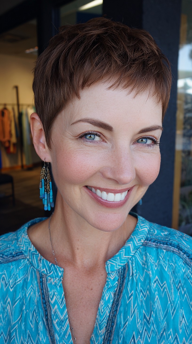 Short Textured Chestnut Micro-Pixie with Feathered Crown
