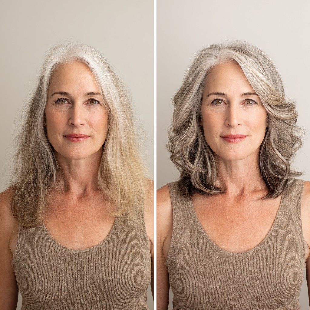 Silver Shoulder-Lob with Feathered Face-Framing and Root-Smudge Lowlights