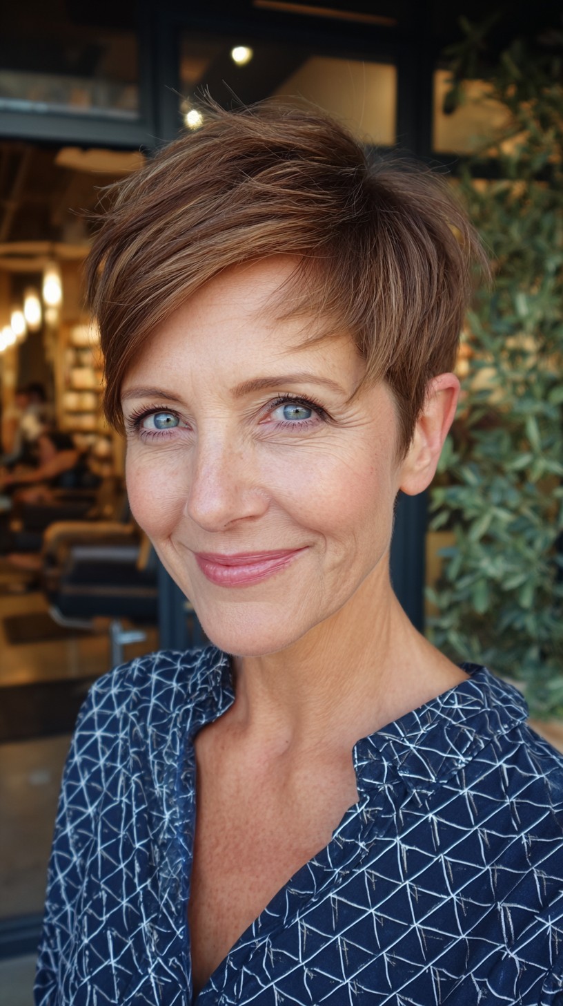 Soft Angled Pixie with Side-Swept Micro Fringe and Root Shadow
