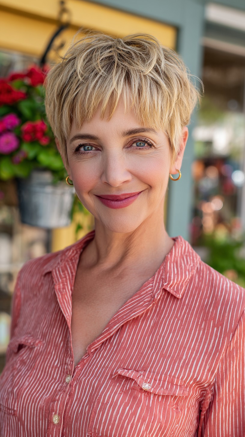 Soft Blonde Textured Pixie with Micro Fringe