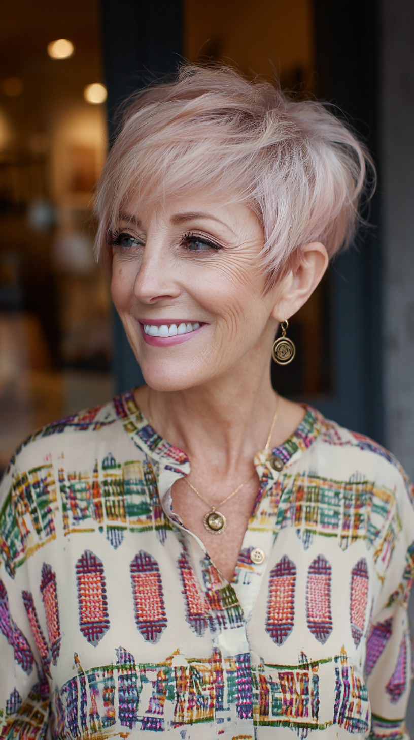 Soft Pastel Rose-Blonde Textured Pixie with Feathered Side Fringe