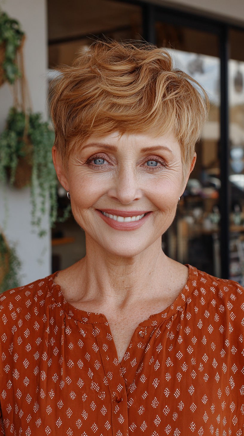 Soft Stacked Strawberry Blonde Pixie with Feathered Crown