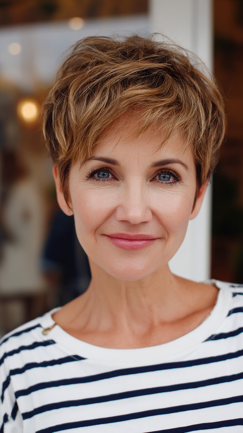 Soft Textured Warm-Brunette Pixie with Feathered Crown
