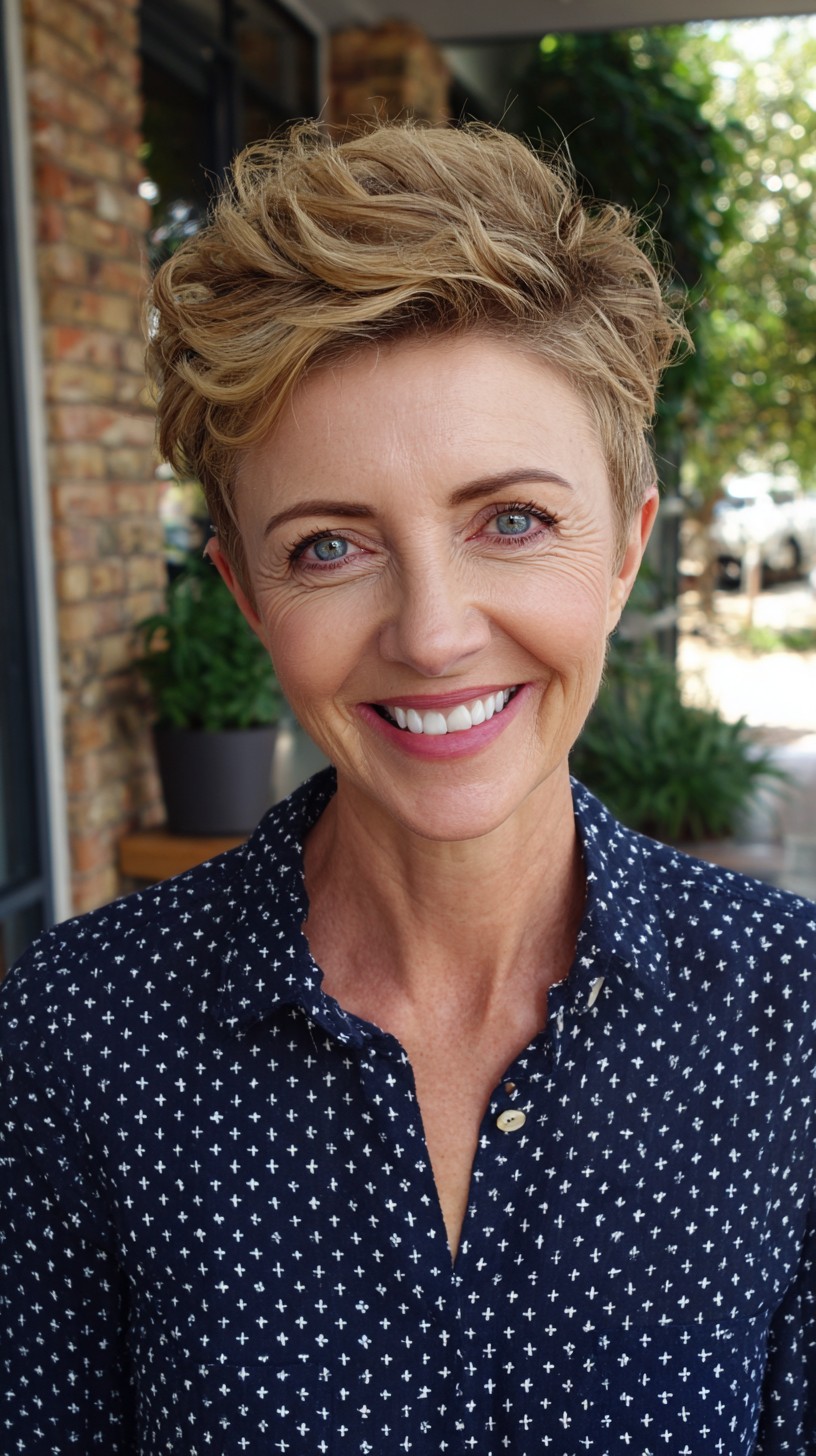 Sunlit Textured Pixie with Tapered Temples and Crown Lift