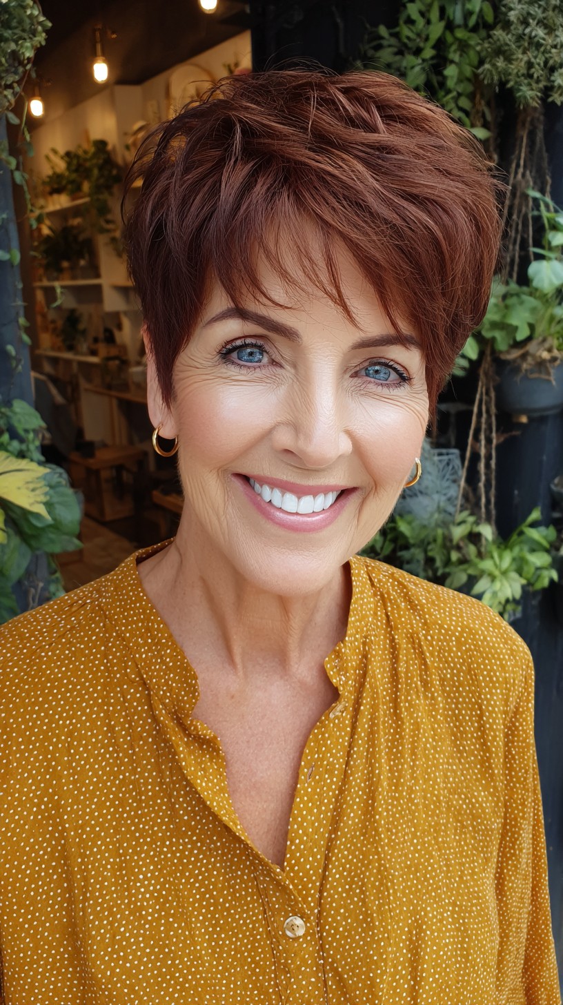 Textured Auburn Pixie with Feathered Fringe