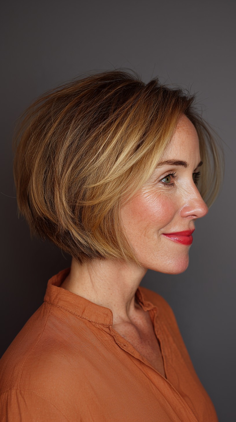 Warm Bronde Stacked Bob with Face-Framing Graduation