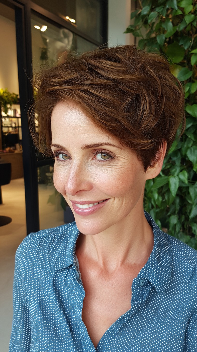 Warm Chestnut Textured Pixie with Long Crown Layers