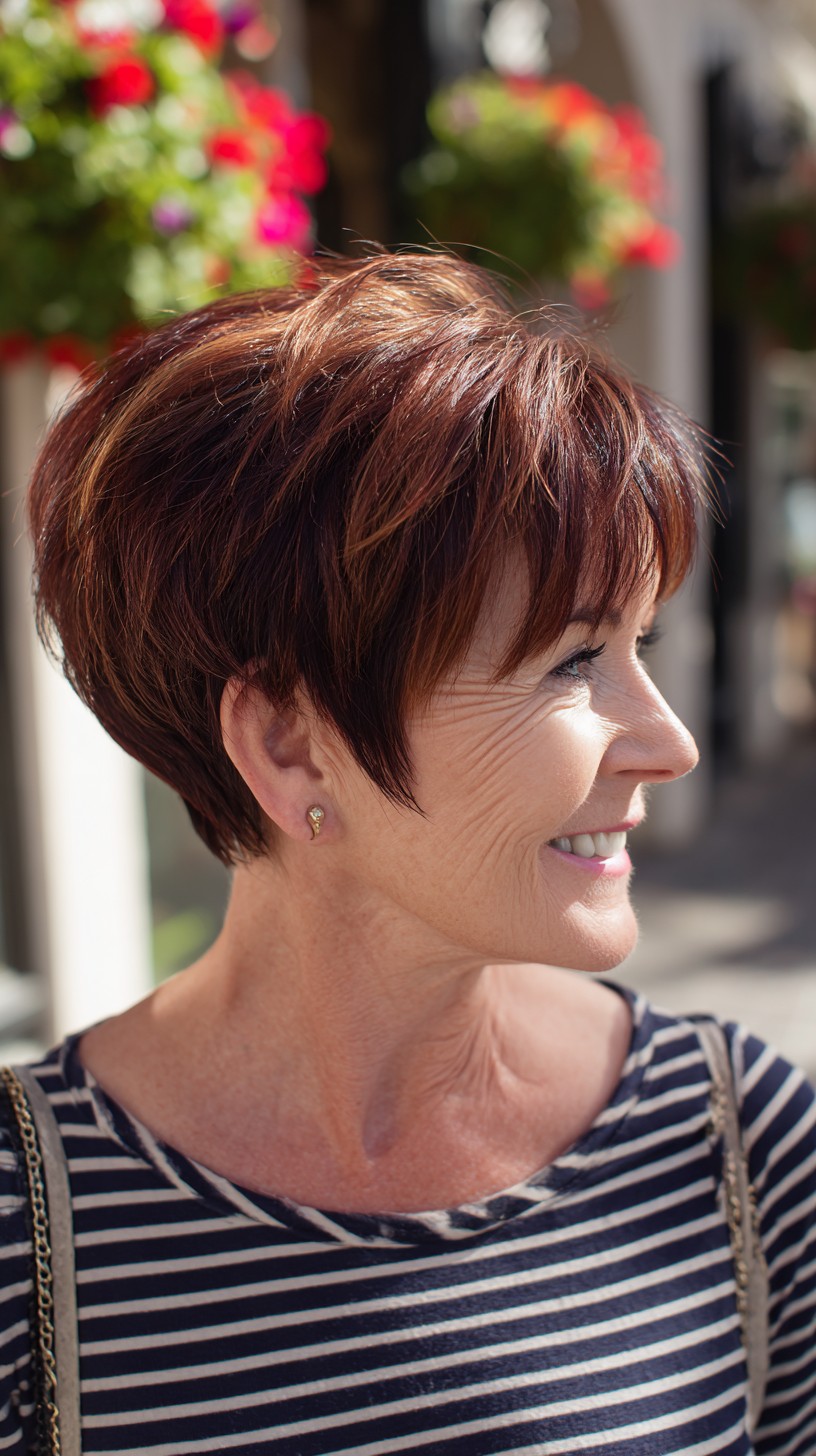 Auburn Radial-Stacked Pixie with Soft Face-Framing Layers