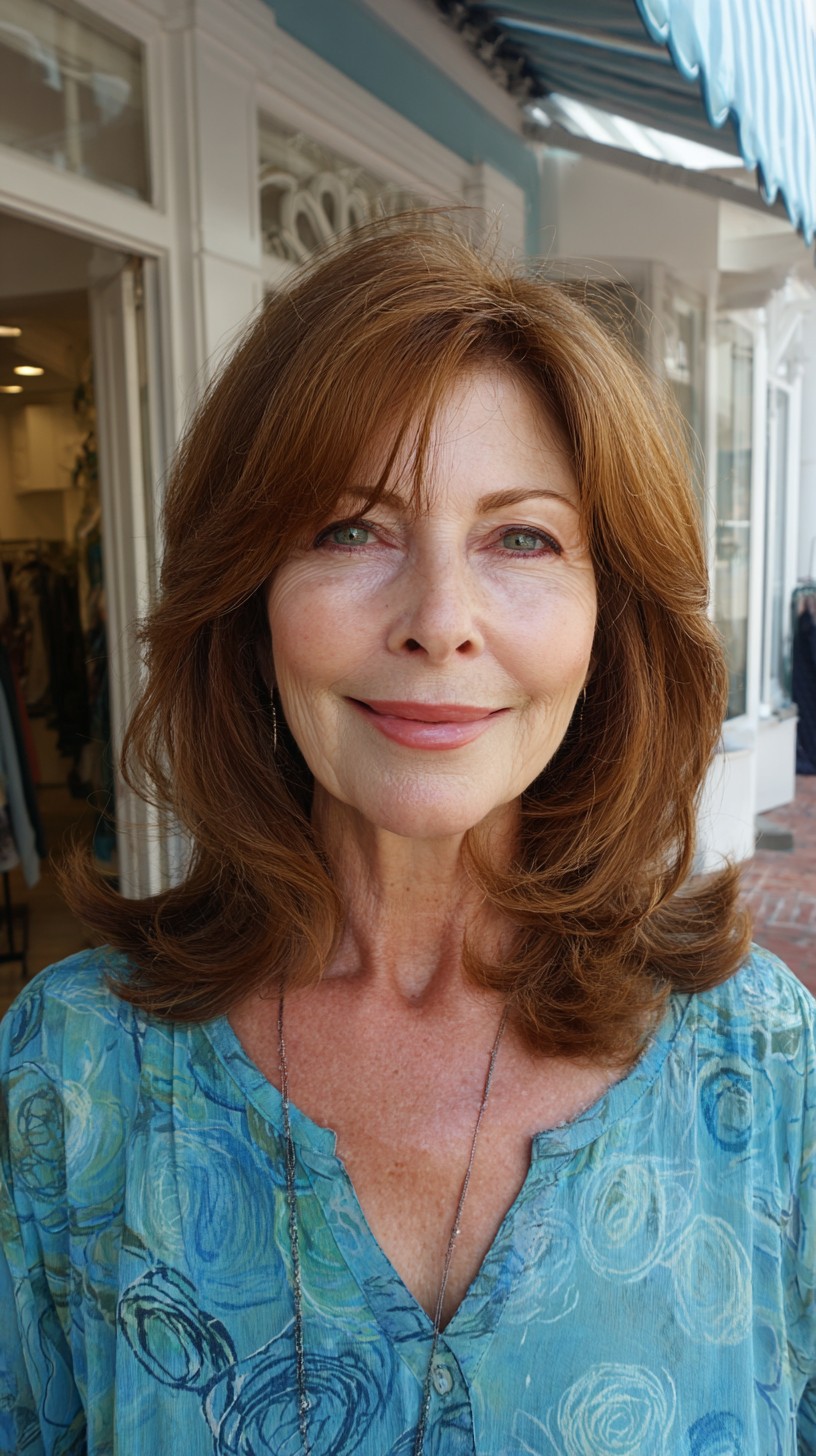 Chestnut Mid-Length Layers with Root Lift and Wispy Fringe