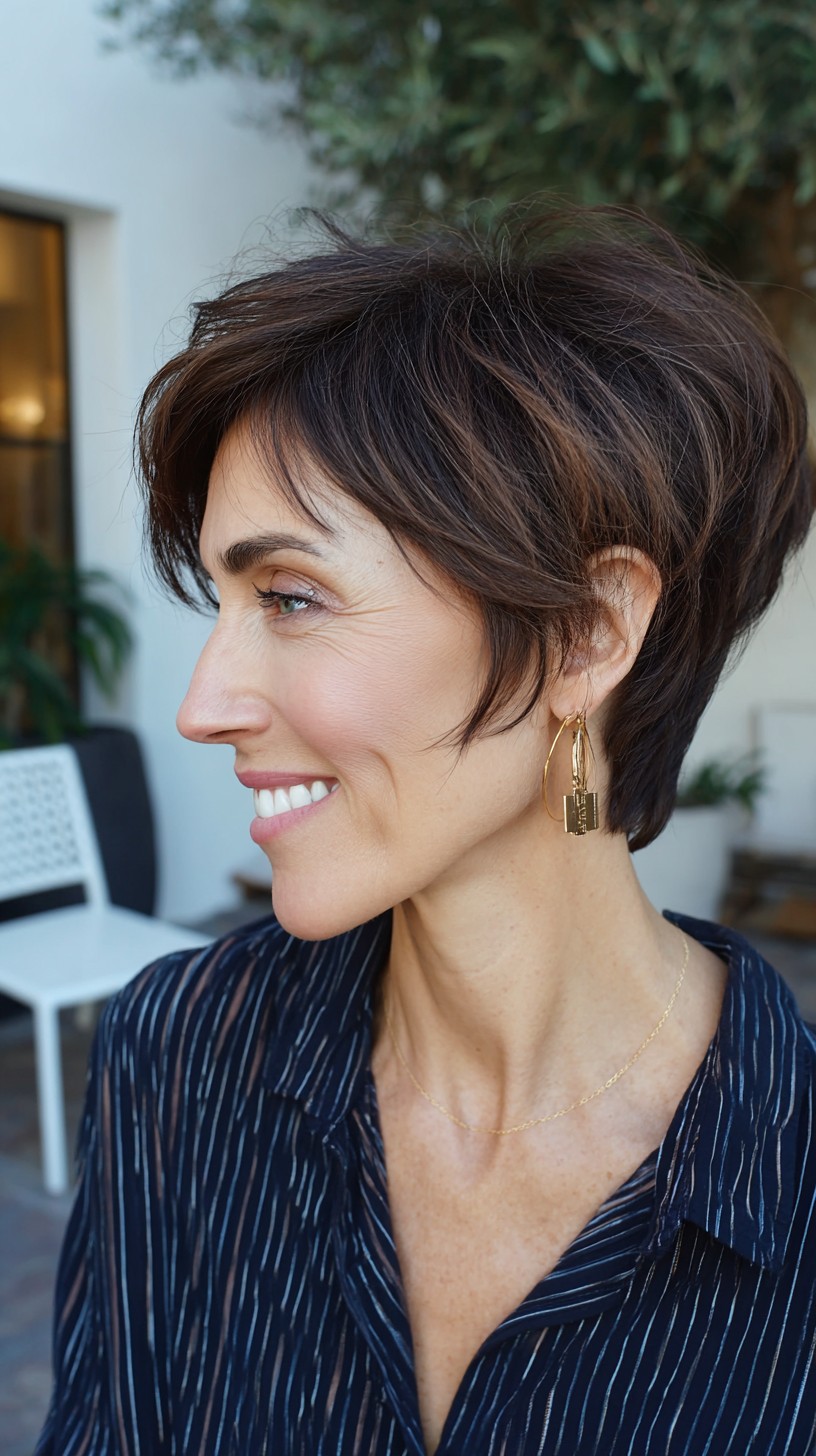 Chestnut Stacked Pixie with Textured Crown and Face-Framing Micro Layers