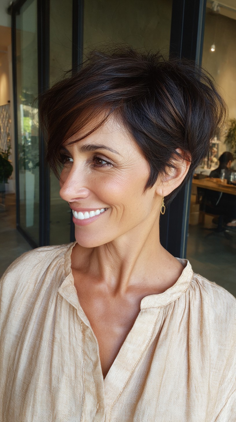 Chocolate Layered Stacked Pixie with Soft Diagonal Fringe
