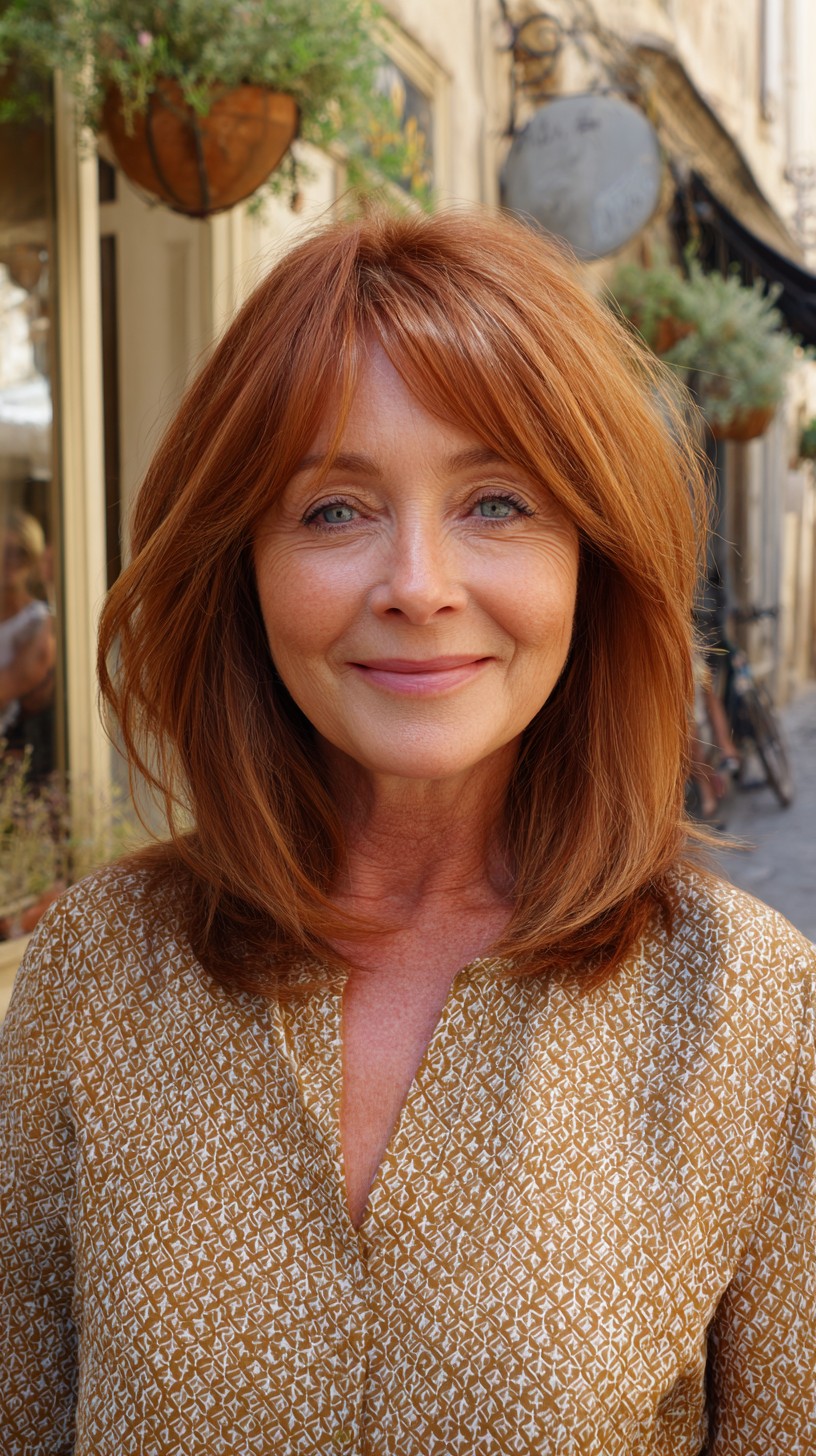 Copper Layered Shoulder-Length with Soft Curtain Fringe