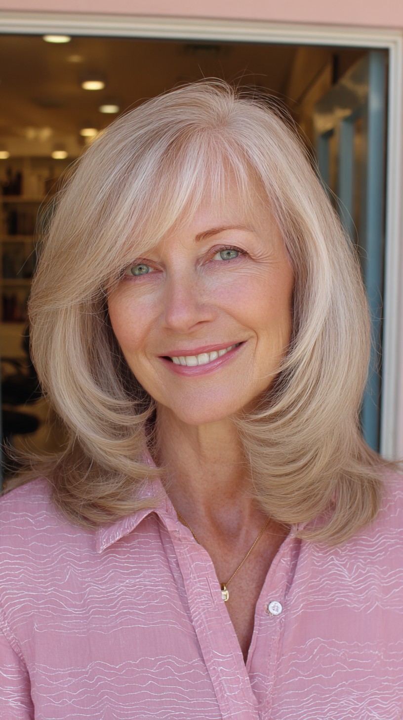 Creamy Ash-Blonde Shoulder-Length Layers with Rounded C-Curve Ends