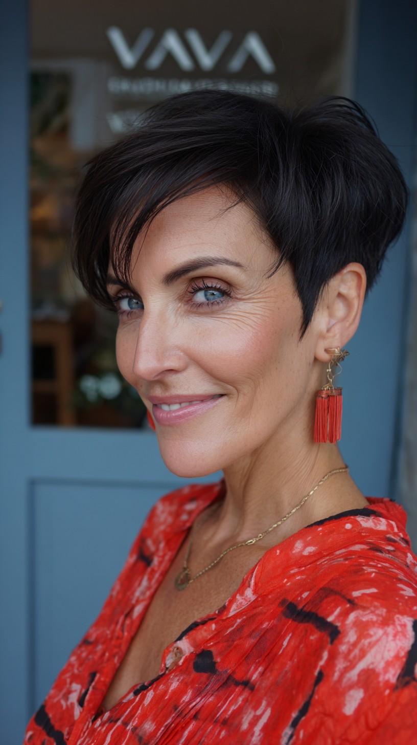Dark Brunette Sculpted Pixie with Lifted Crown and Diagonal Side Sweep