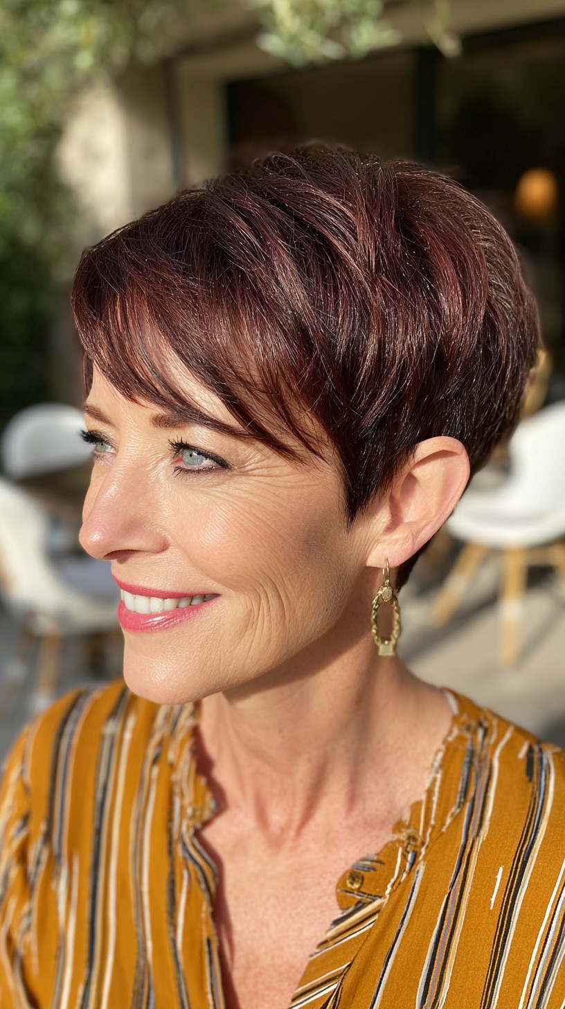 Deep Auburn Short Stacked Pixie with Diagonal Micro Fringe