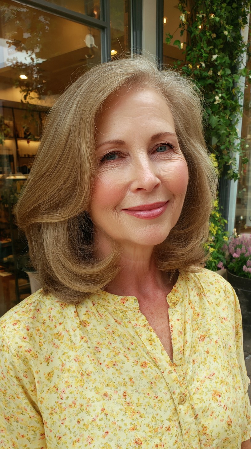 Feathered Shoulder-Length Blowout with Rolled Face‑Framing Ends