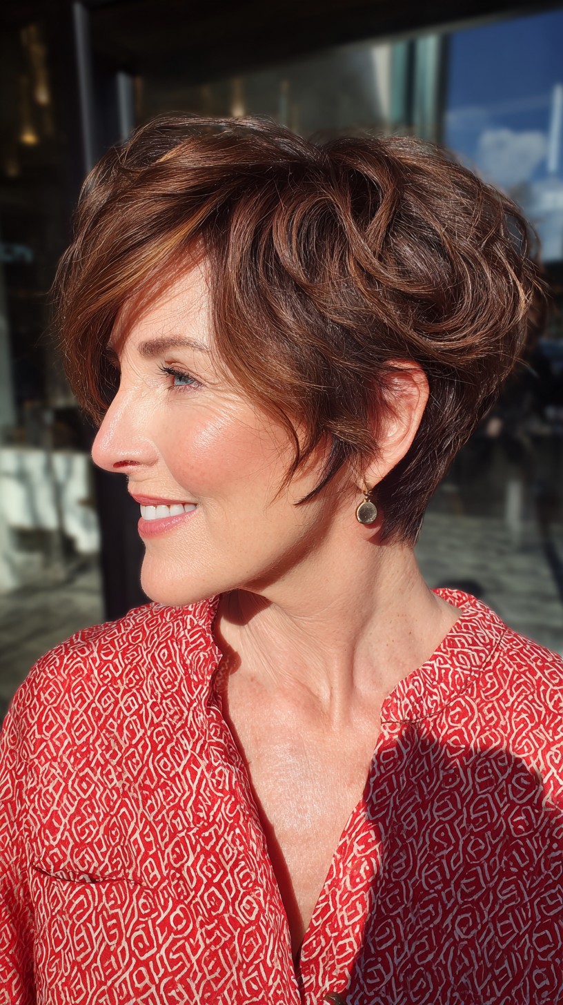 Layered Chestnut Stacked Pixie with Soft Side Sweep