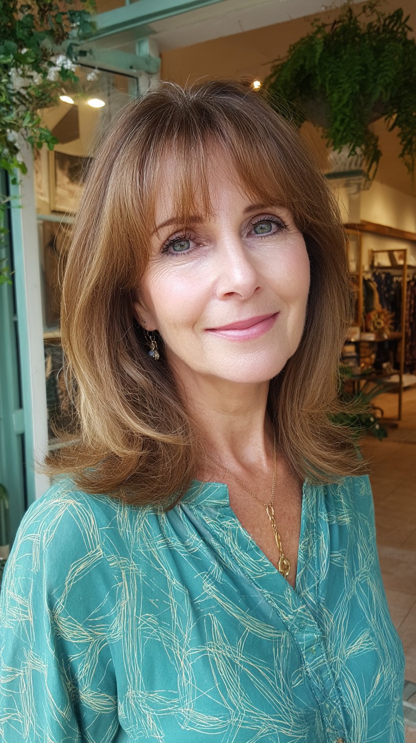 Mid-Length Layered Cut with Feathered Curtain Bangs