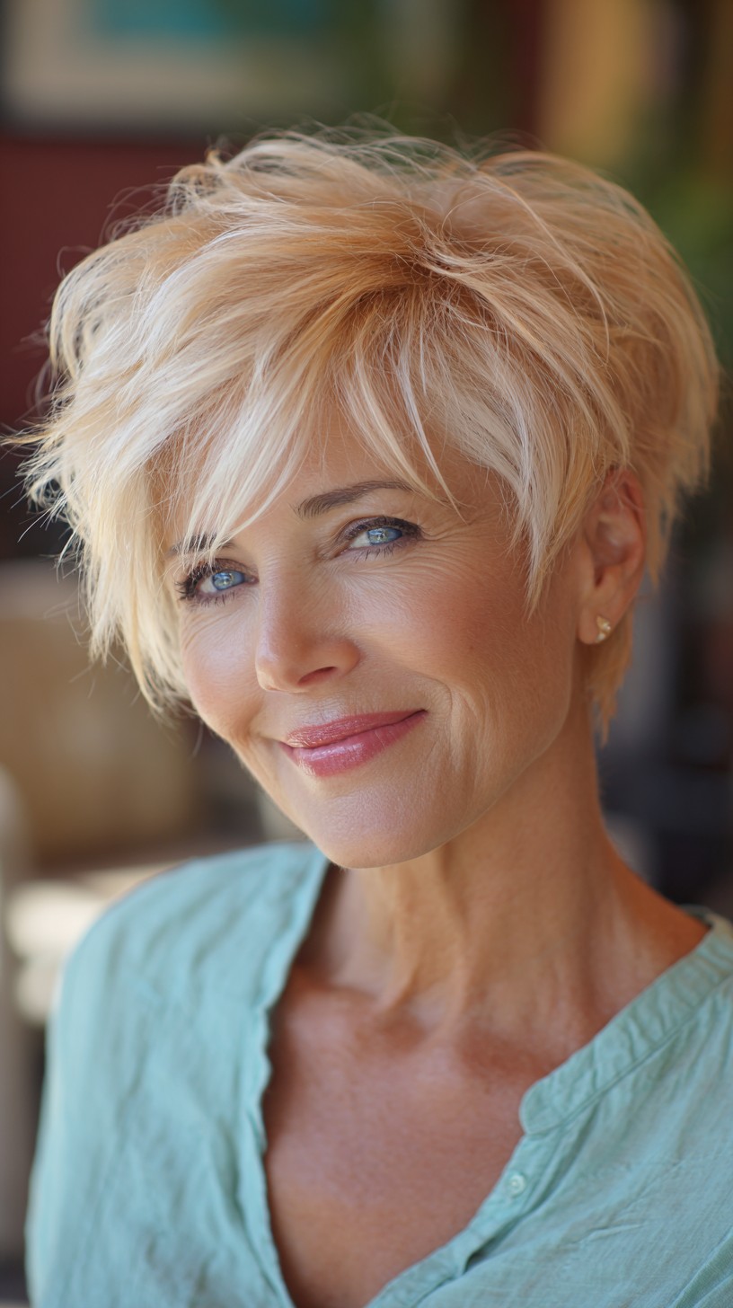 Platinum Feathered Stacked Pixie with Side-Swept Fringe