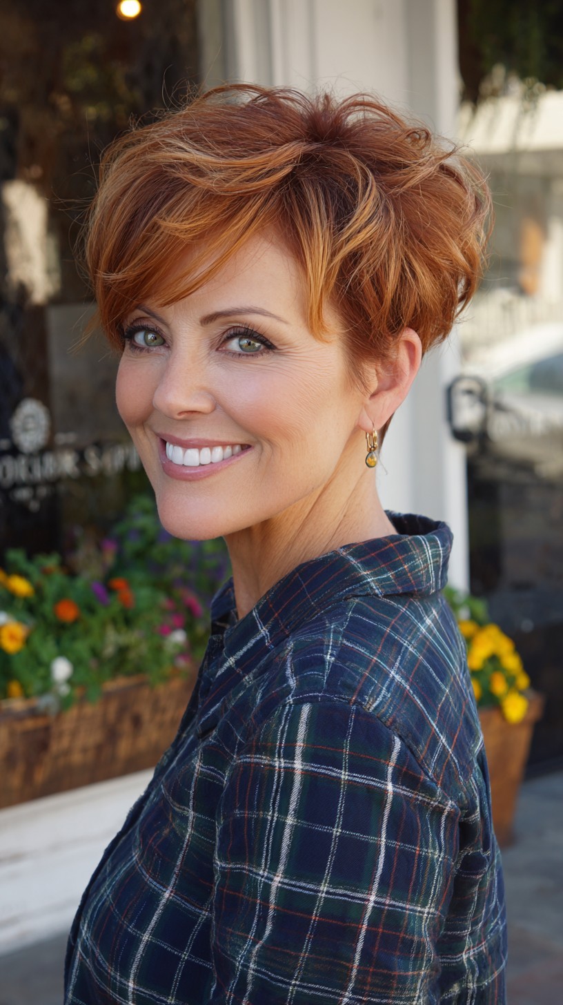 Short Copper Stacked Pixie with Radial Crown Graduation and Face-Framing Babylights
