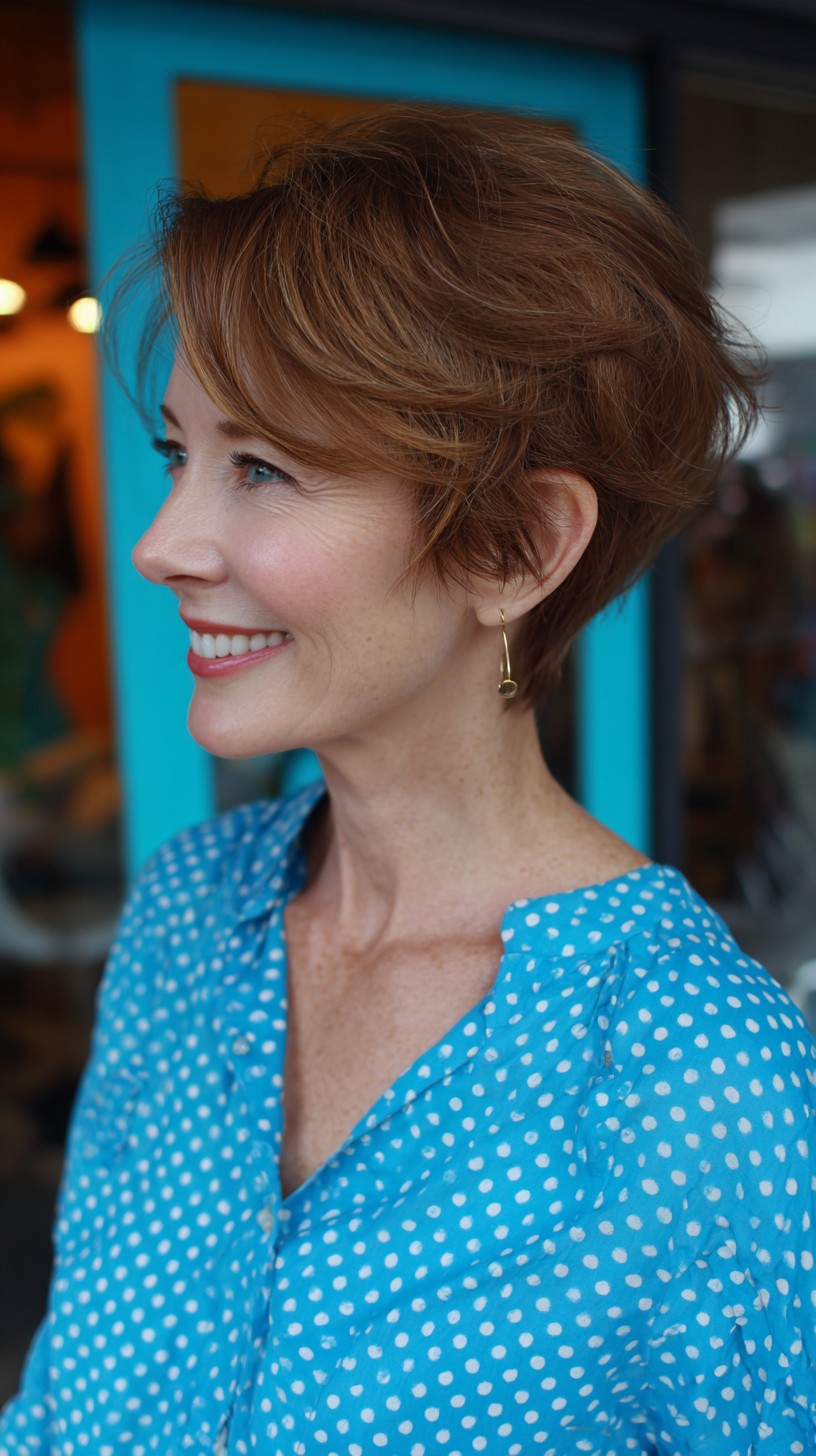 Short Layered Copper Pixie with Radial Graduation and Wispy Temple Tabs