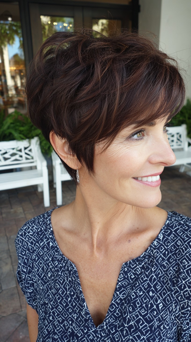 Short Warm Brunette Stacked Pixie with Soft Side Fringe