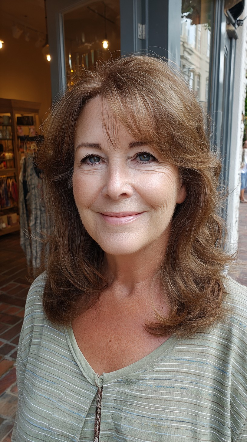 Shoulder-Length Feathered Layers with Side-Swept Curtain Fringe