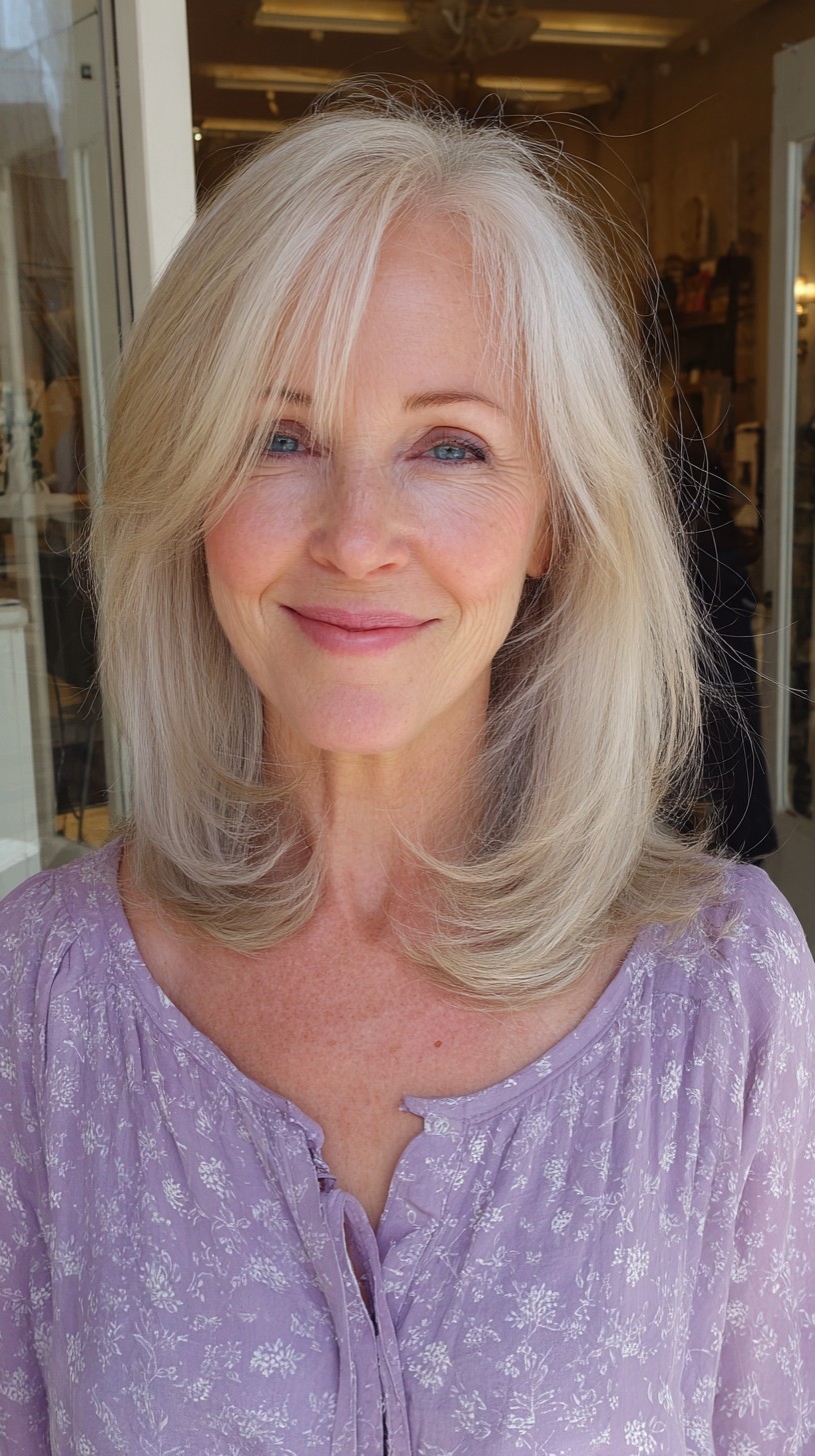 Silver Shoulder-Length Feathered Layers with Soft Face-Framing Fringe