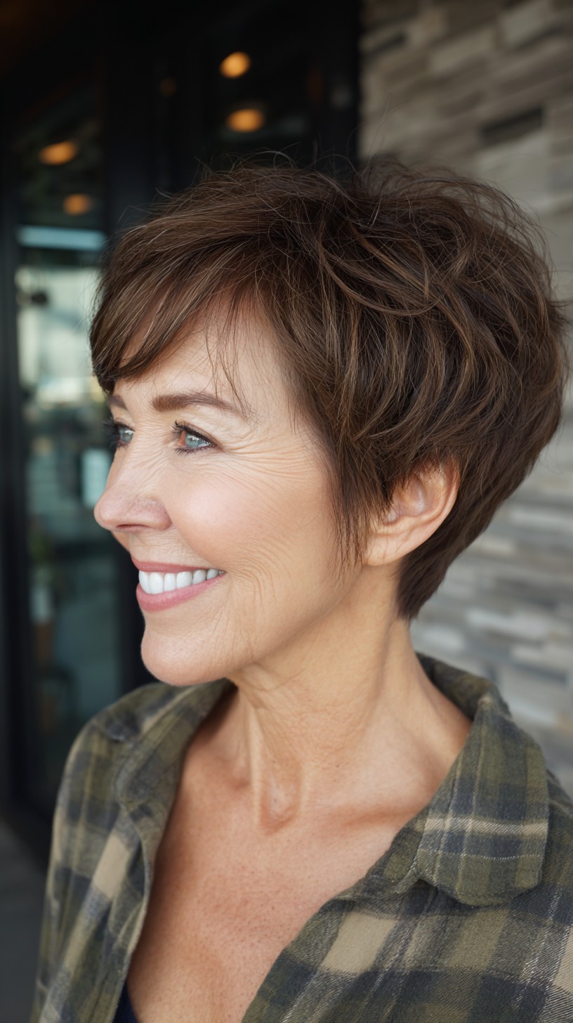 Soft Chestnut Stacked Pixie with Radial Crown Lift