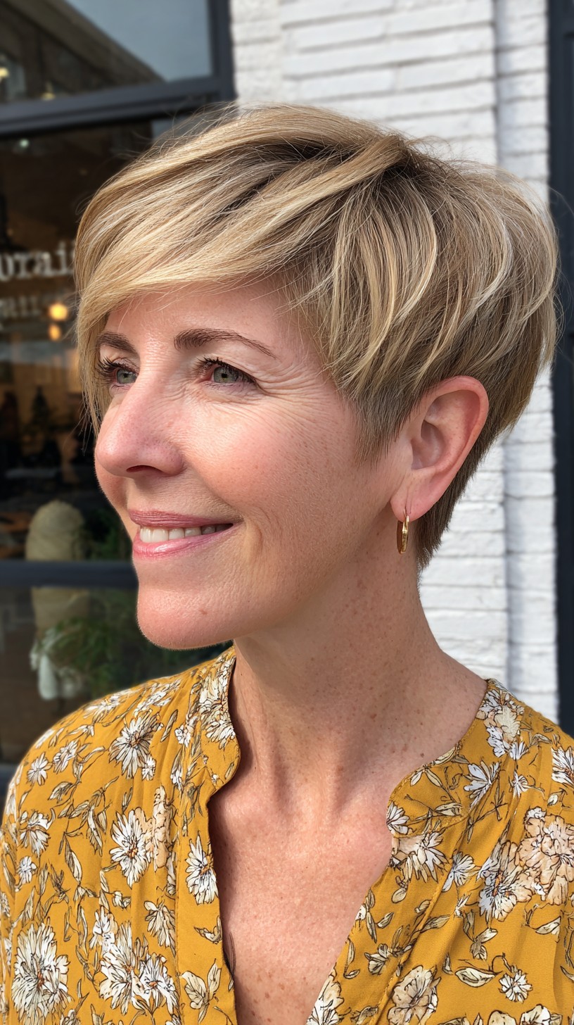 Soft Golden Stacked Pixie with Brushed-Over Long Top