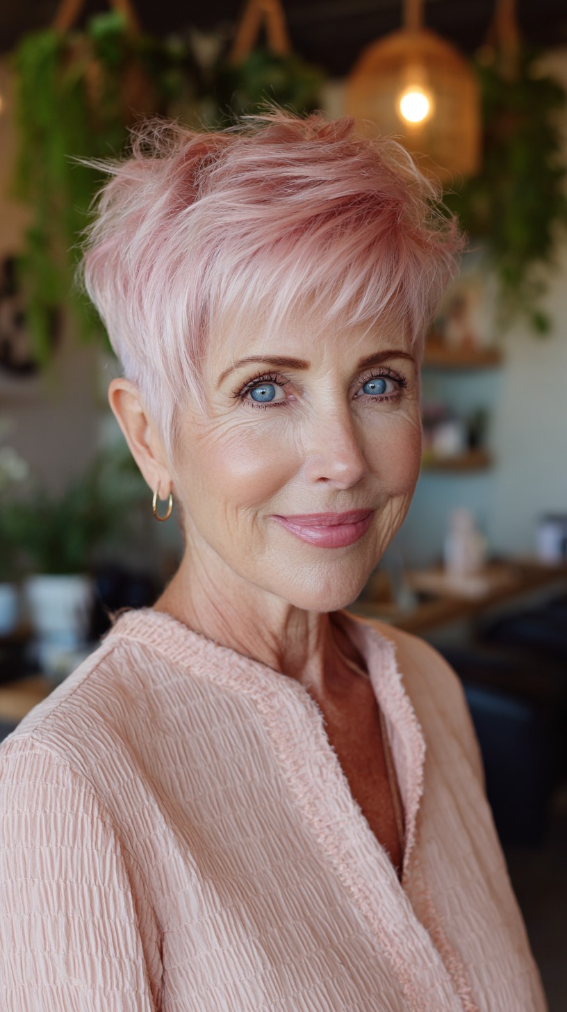 Soft Pastel Stacked Pixie with Feathered Micro-Fringe